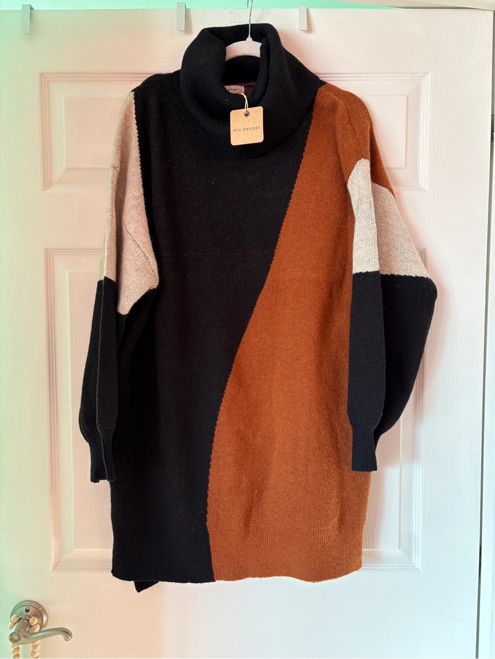 NWT Blu Pepper Colorblock Turtleneck Sweater Dress - Black, Brown, & Grey